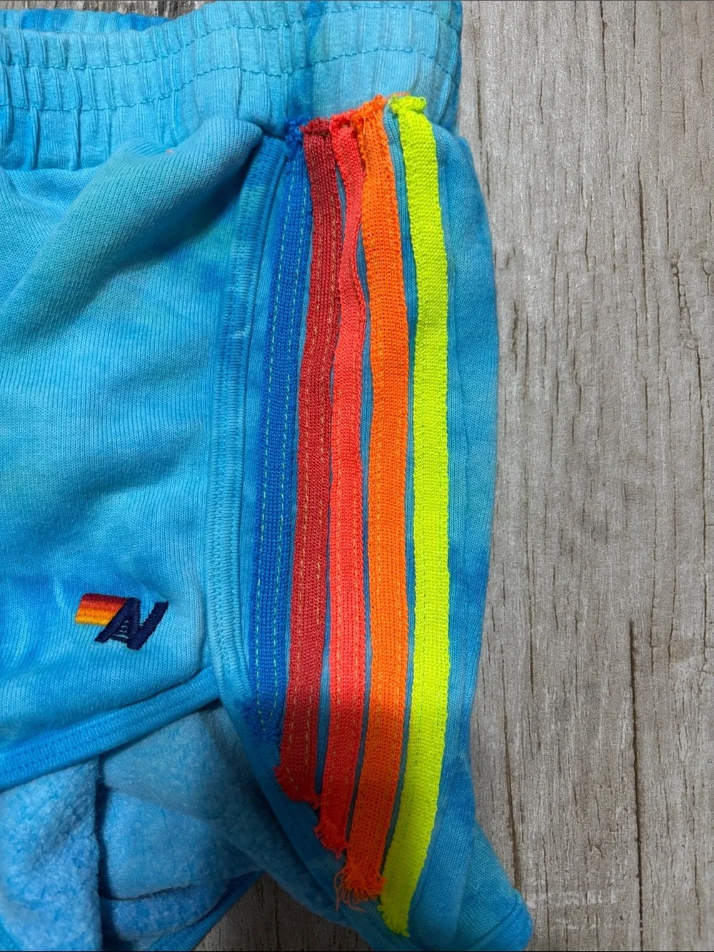 Aviator Nation Blue Tie-Dye Athletic Shorts with 5 Rainbow Side Stripes - Picture 3 of 5